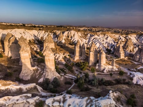Aerial drone view of the fairy chimney landscape in Love Valley of Cappadocia in Goreme, Turkey.