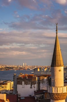 Istanbul sunset skyline panoramic view of Istanbul Turkey. Beautiful Bosphorus with mosques at the background.