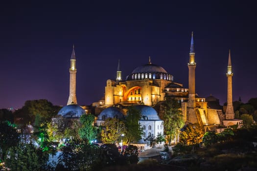 Hagia Sophia in Istanbul. The world famous monument of Byzantine architecture recently converted to a mosque. View of the St. Sophia Cathedral at sunset.