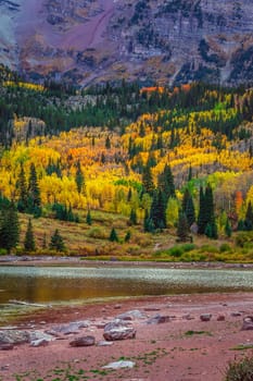 Autumn aspen trees reflected in the lake. Maroon bells at autumn season in in Aspen Colorado, USA.