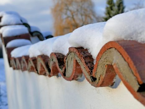 snow on fence roof in winter