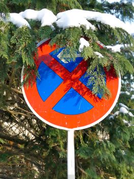 traffic stopping sign with tree with snow cover