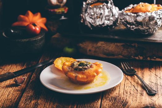 Baked pattypan squash with minced meat and vegetables