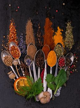 Various spices spoons on stone table. Top view with copy space.