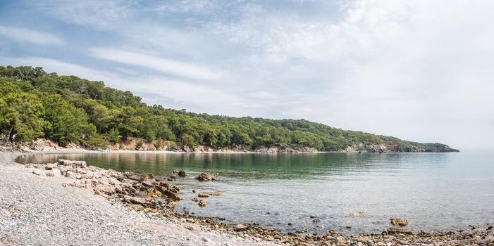 Panorama view of North Harbour of Phaselis. Ruins of Greek city on the coast of ancient Lycia. Architectural landmark near modern town Tekirova in the Kemer district of Antalya Province in Turkey.