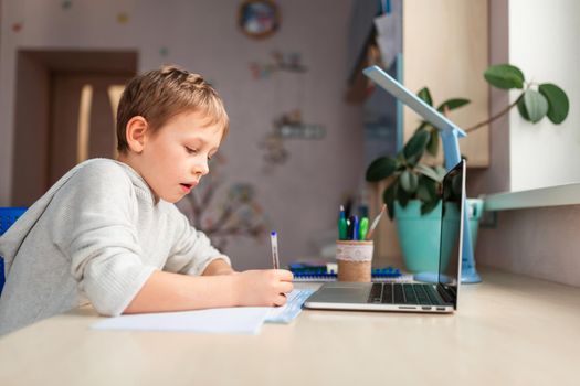 Cute little schoolboy studying at home doing school homework. Training books and notebook on the table. Distance learning online education