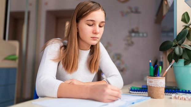 Beautiful schoolgirl studying at home doing school homework. Training books and notebook on the table. Distance learning online education