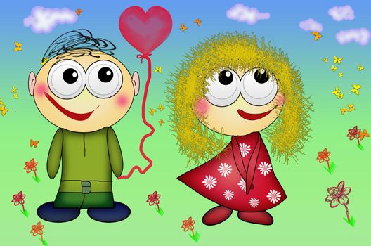 Little boy giving heart shaped balloon to girl. Boy and a girl with a balloon heart. Romantic date. Stock illustration
