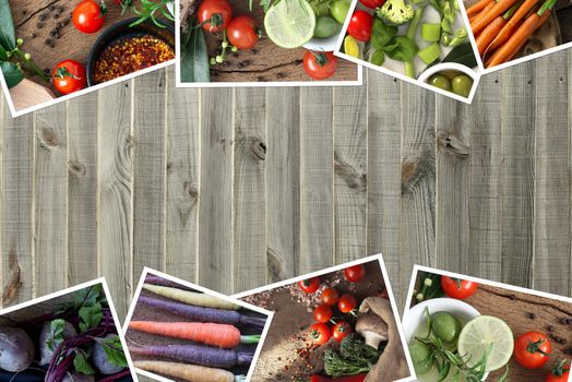 Photocollage of vegetables on wood background. Collage of Different vegetables on old wooden background. Place for text, copy space, top view, mock up