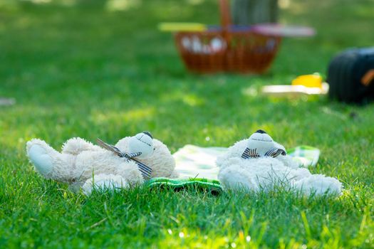 Two plush toys lie on their backs on the green grass