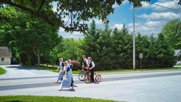 Gordonville, Pennsylvania, June 2020 - A Group of Amish Teenagers Walking and Riding Scooters along a Country Road