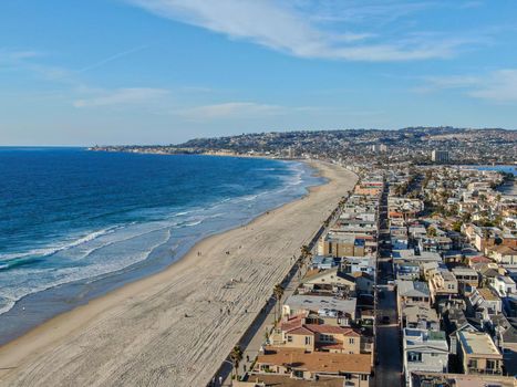 Aerial view of Mission Bay and Beaches in San Diego, California. USA. Community built on a sandbar with villas, sea port and recreational Mission Bay Park. Californian beach lifestyle.