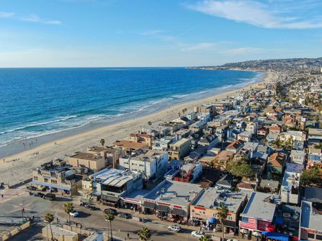 Aerial view of Mission Bay and Beaches in San Diego, California. USA. Community built on a sandbar with villas, sea port and recreational Mission Bay Park. Californian beach lifestyle.