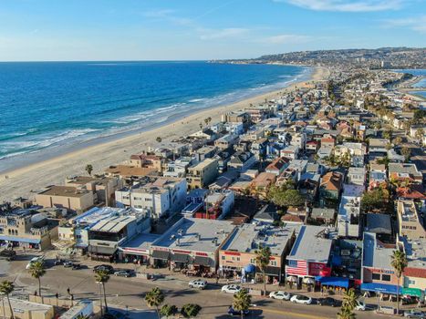 Aerial view of Mission Bay and Beaches in San Diego, California. USA. Community built on a sandbar with villas, sea port and recreational Mission Bay Park. Californian beach lifestyle.