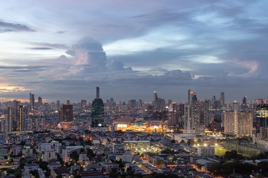 Bangkok, thailand - Oct 01, 2020 : Bangkok downtown cityscape in Business district with bright glowing lights at night give the city a modern style. No focus, specifically.
