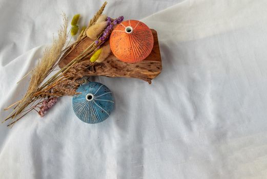 Two beautiful small ceramic vases with wooden logs and Dried flowers on White background. Ceramic tableware, Home decor. Top view, Copy Space.