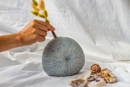 Female hand with a gentle holding a bouquet of Dried flowers on Handmade Ceramic Vase and Shells on White background. Home decor, Space for text.