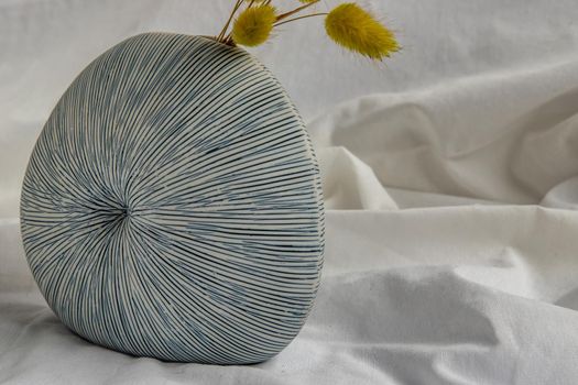 Close-up of Handmade Ceramic Vase on White background. Home decor, Space for text.