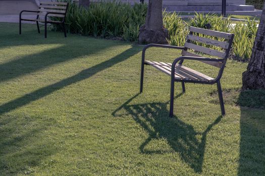 Wooden benches on grass floor in a shady area of the park. Seating and unwind area. Selective focus.