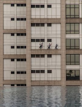 Group of workers cleaning windows service on high rise office building with reflection from swimming pool. Selective focus.