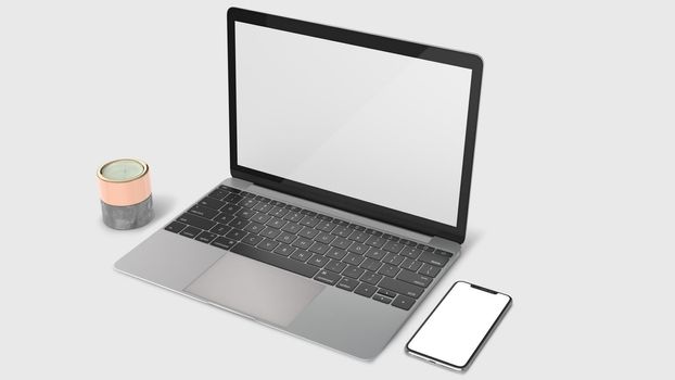 Notebook and Phone Mockup Under the Desktop With Concrete Candle Holder