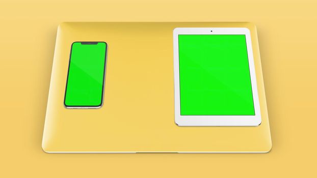 Laptop With Cover Sticker Bottom Tablet and Phone Mockup Top View