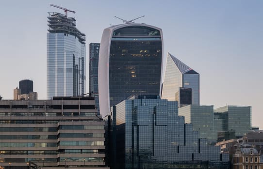 London, England - Apr 20, 2019 : Beautiful modern architecture buildings of London city. View of the business center of the city, high-rise buildings. No focus, specifically.