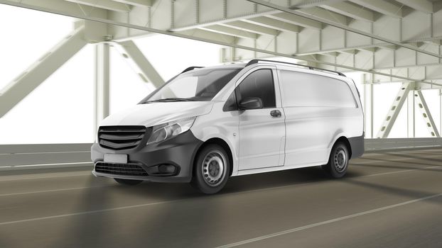 Realistic Panel Van Mockup Driving On The Bridge Perspective View