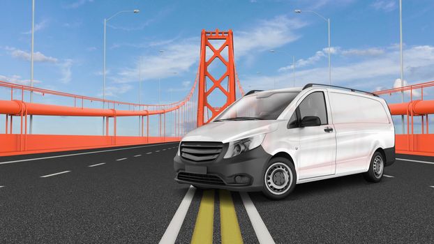 Realistic Panel Van Mockup On The Bridge Perspective View