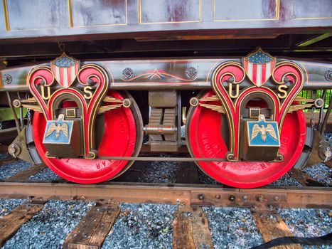 Antique Passenger Train Wheels in Red Blue and Gold