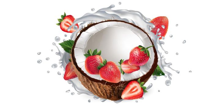 Half coconut and strawberries and a yogurt or milk splash on a white background. Realistic style illustration.