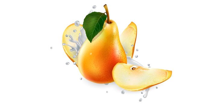 Pears and a splash of yogurt or milk on a white background. Realistic style illustration.