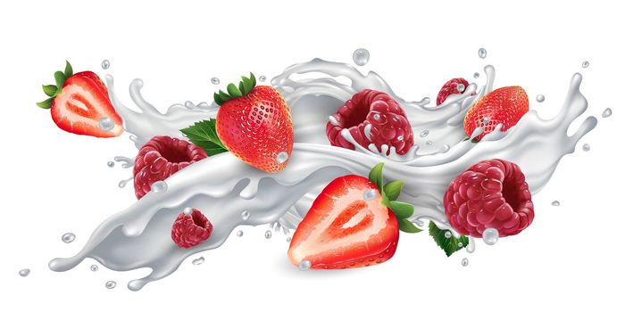 Fresh strawberries and raspberries in a splash of milk or yogurt on a white background. Realistic style illustration.