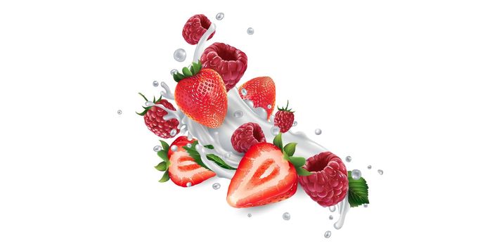 Fresh strawberries and raspberries in milk splashes on a white background. Realistic style illustration.