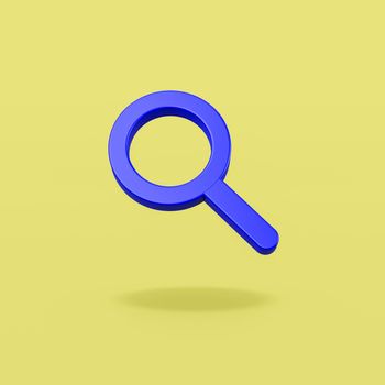 Blue Magnifier Glass Symbol Shape on Flat Yellow Background with Shadow 3D Illustration