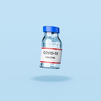 Comic Covid 19 Vaccine Bottle on Flat Blue Background with Shadow 3D Illustration