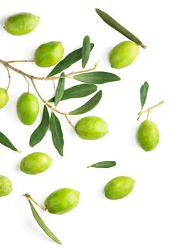 Olive fruit and olive leaves on a white background.