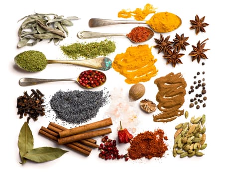 spices and herbs on white background. top view.