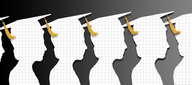 Graduation ceremony. Female busts and graduation cap, tassel. Successful Education in Hight Class. 3D render in black and white