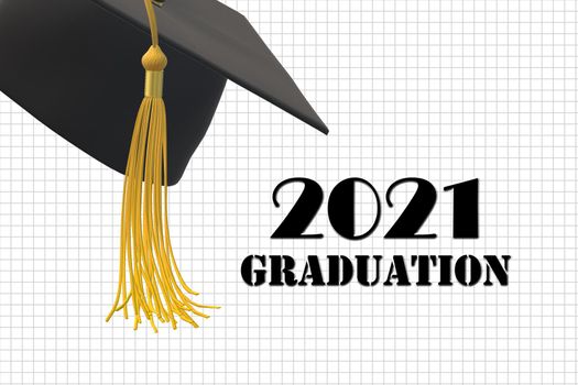 Graduation 2021 cap. Class of 2021 year. Education concept, isolated, 3D illustration