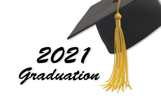 2021 graduation class. Class of 2021 year with cap and tassel. Education concept, isolated on white, 3D illustration