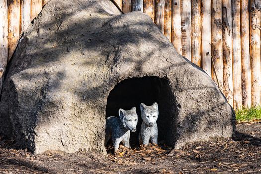 Statue of small gray wolfs in cave standing in front of wooden fence