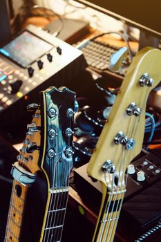 Close up instruments music background concept,Guitar and studio equipment