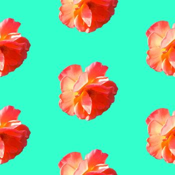 Seamless pattern with roses on a turquoise background. Flat lay, top view. Pop art creative design for textile, fashion, wallpaper, fabric, wrapping paper.