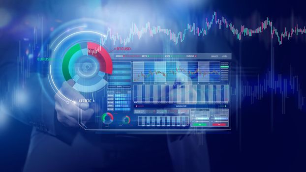 Holographic infographics on trading and the stock market on modern virtual background for business theme.