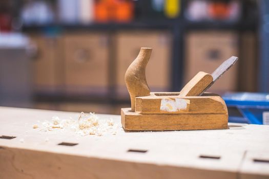 Close up of plane for smoothing timber, workshop