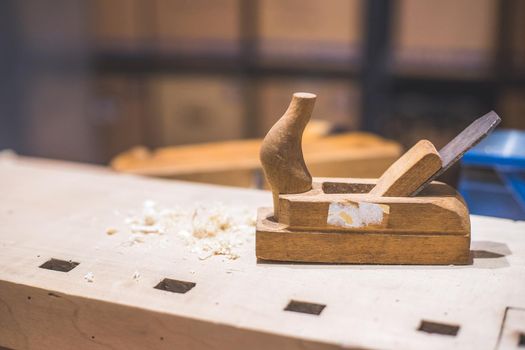 Close up of plane for smoothing timber, workshop