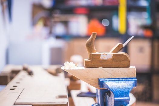 Close up of plane for smoothing timber, workshop