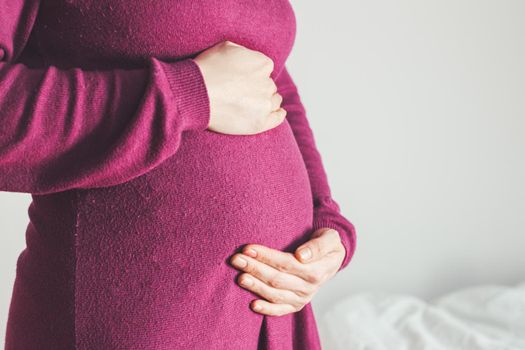 Close up of pregnant tummy, Caucasian mother in magenta dress