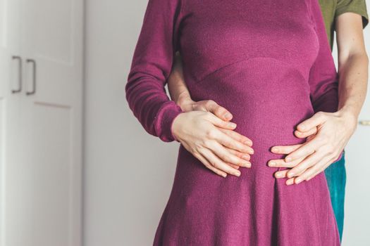 Close up of pregnant mother and father, hugging the tummy, Caucasian